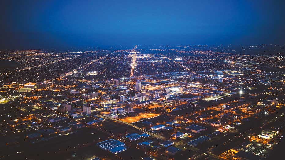 Aerial view of Fresno, California at night.