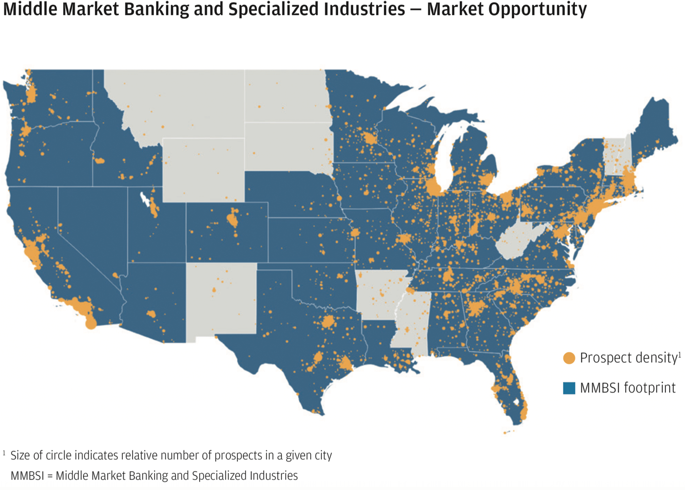 US map with prospects of middle market banking and specialized industries