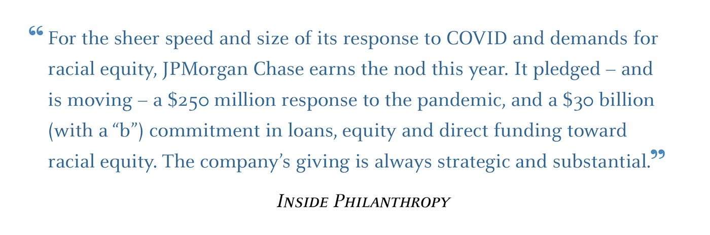 Quote from Inside Philanthropy about J.P. Morgan Chase response to COVID and racial equity